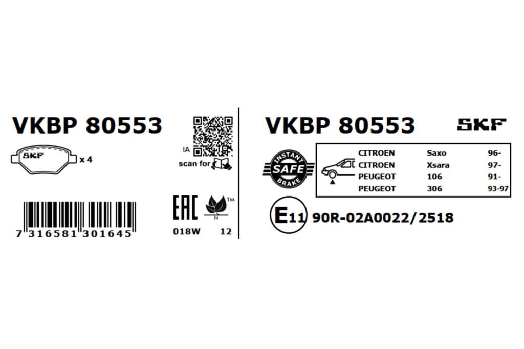 Jogo de 4 pastilhas de travão SKF ref. VKBP 80553